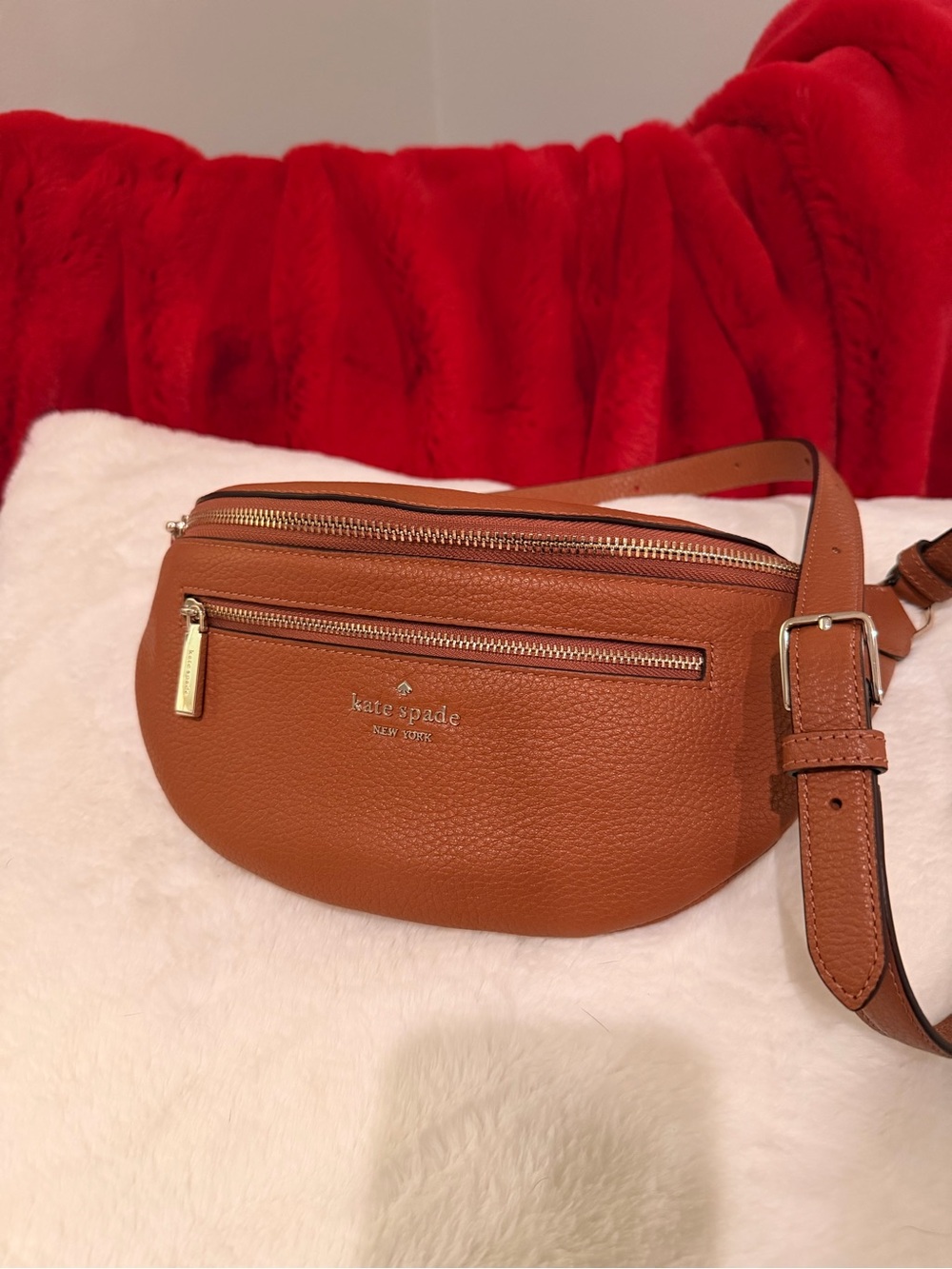 Kate Spade Cognac Pebbled Leather Crossbody Belt Bag w/ gold trim - Picture 2 of 9